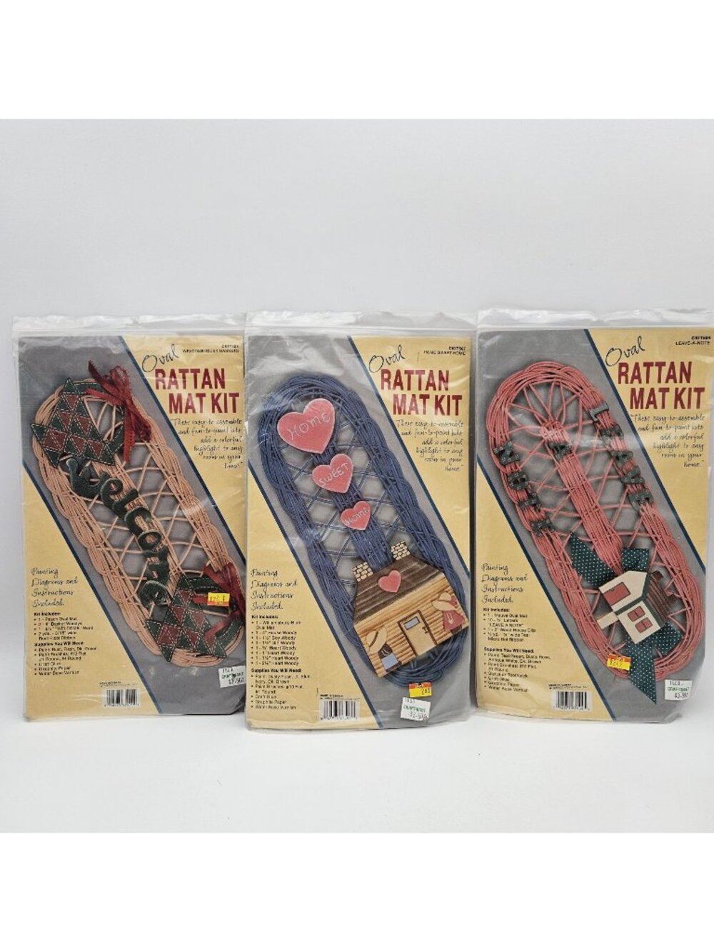 Lot of 3 Vintage Craft Kit Rattan Wicker Hanging Mat Cottage Core Granny Core